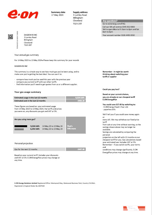 United Kingdom E.ON business utility bill template in Word and PDF formats, version 2
